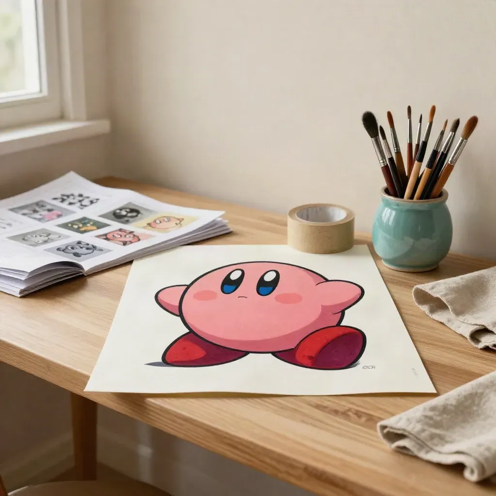 Grande épreuve d’illustration sur papier coton avec pinceaux et ruban kraft dans un atelier crème.