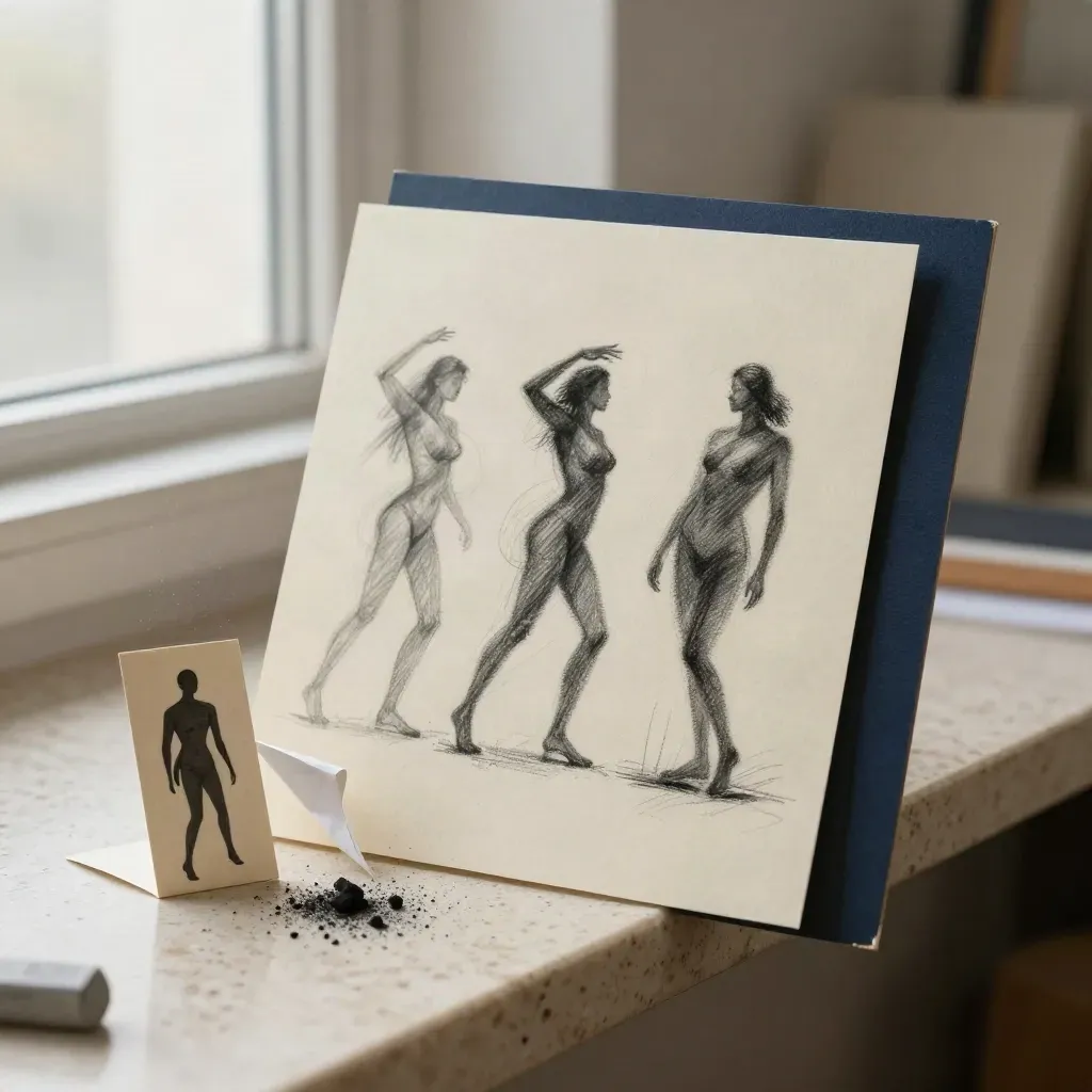 Planche de concept de personnage avec trois poses, poussière de pastel et petite silhouette maquette.