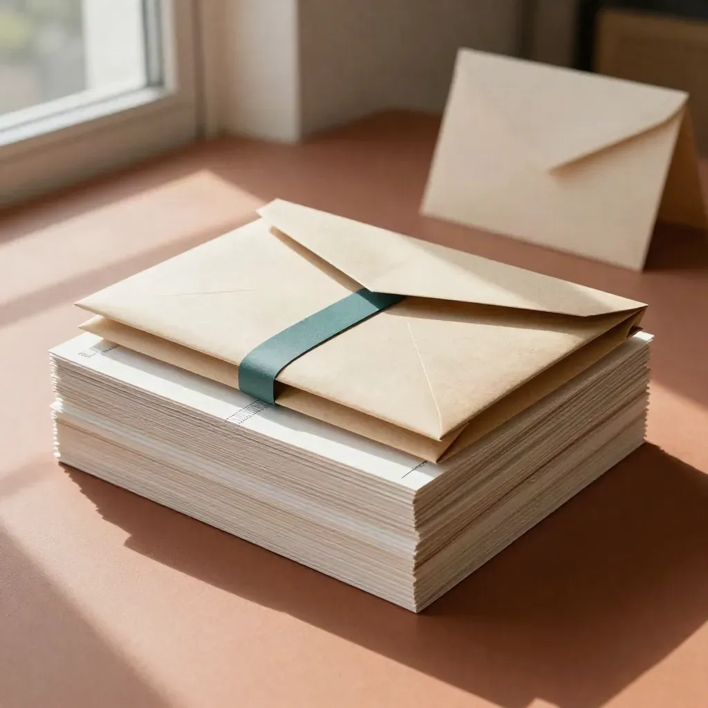 Colis d’impression avec épreuves, pochettes et carton rigide sur une surface terracotta.