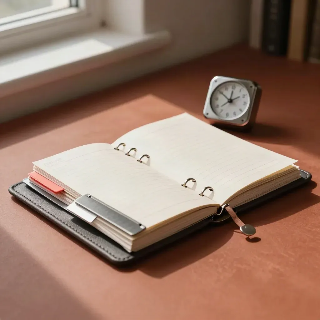 Agenda à anneaux, minuteur mécanique et cartes de suivi sur surface terracotta.