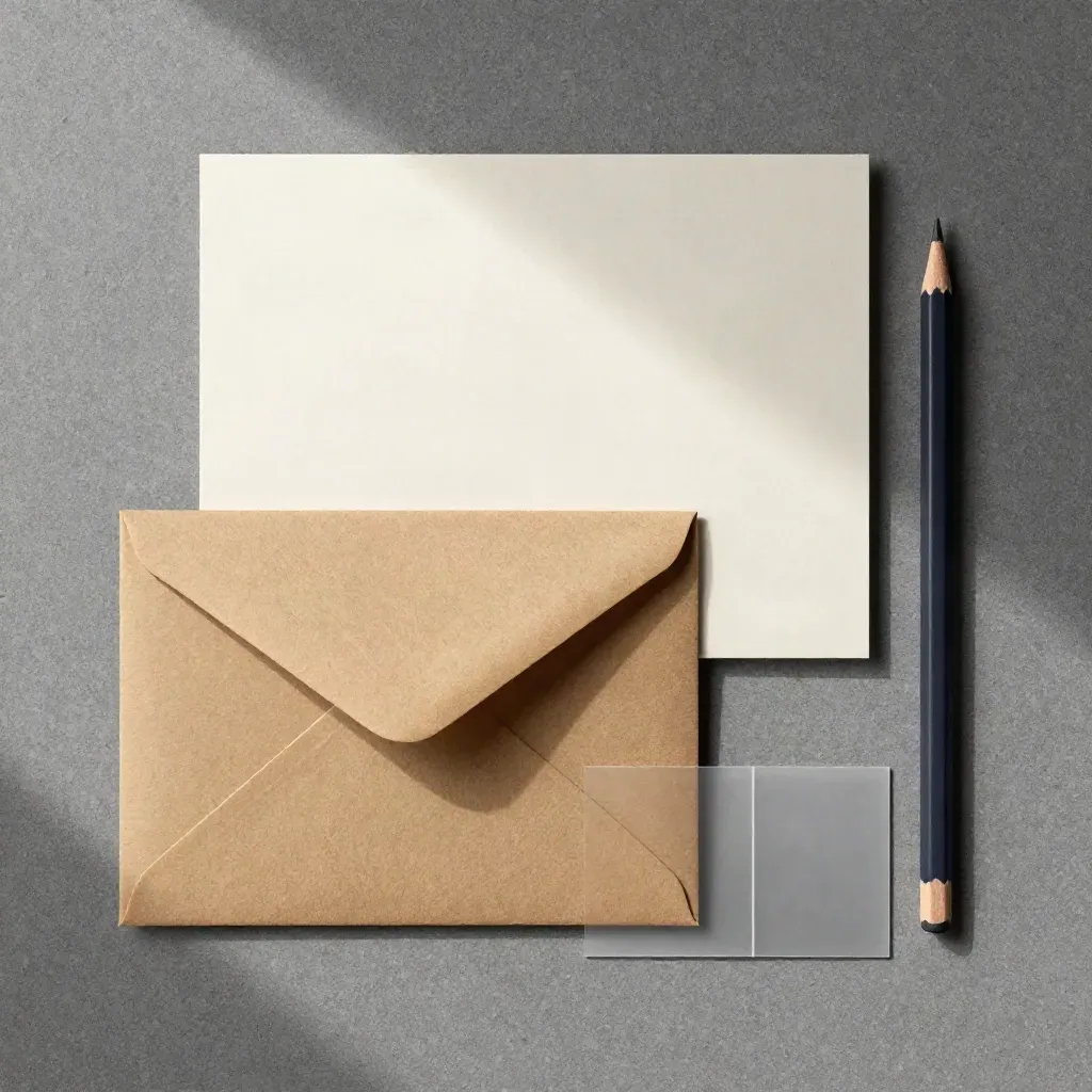Flatlay vu du dessus d’une enveloppe kraft, carte, crayon et calques sur pierre mate.