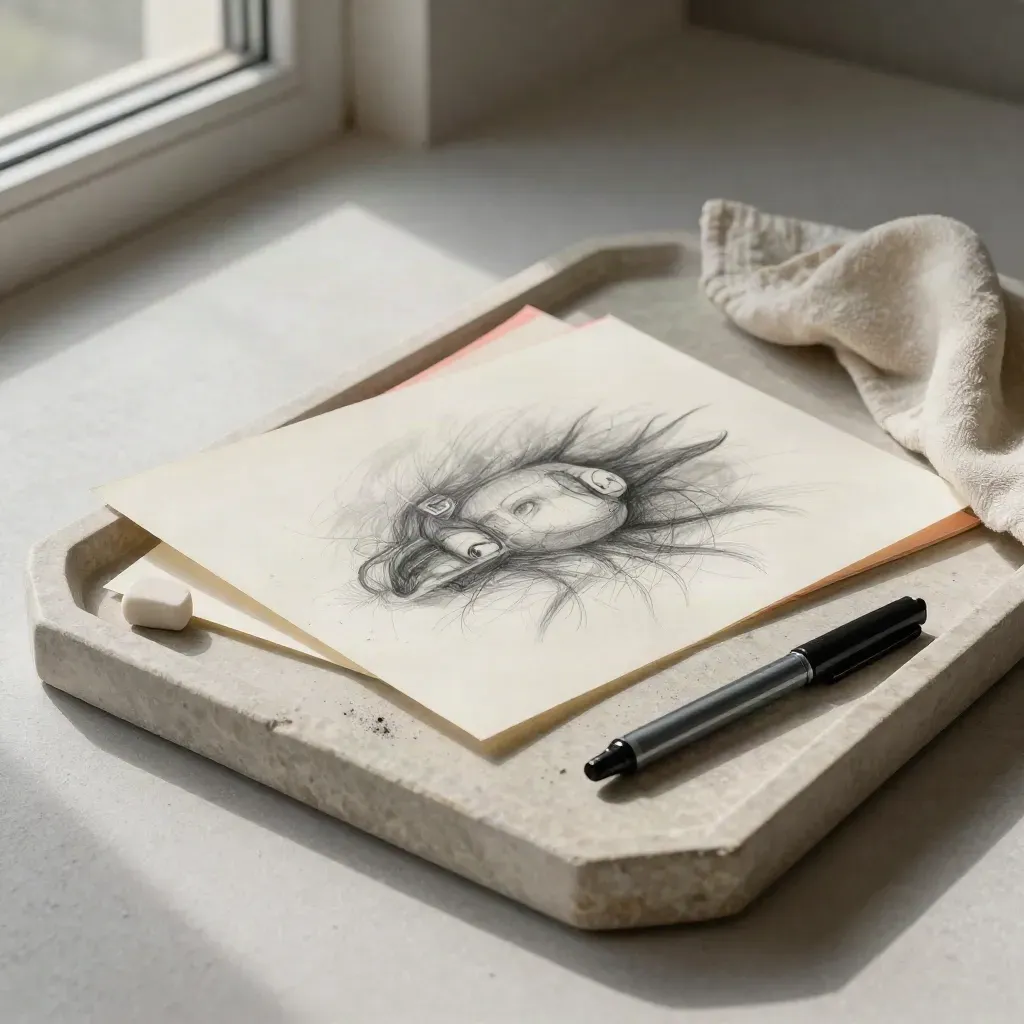 Deux calques de croquis, gomme blanche et feutre fin sur pierre claire, lumière douce.