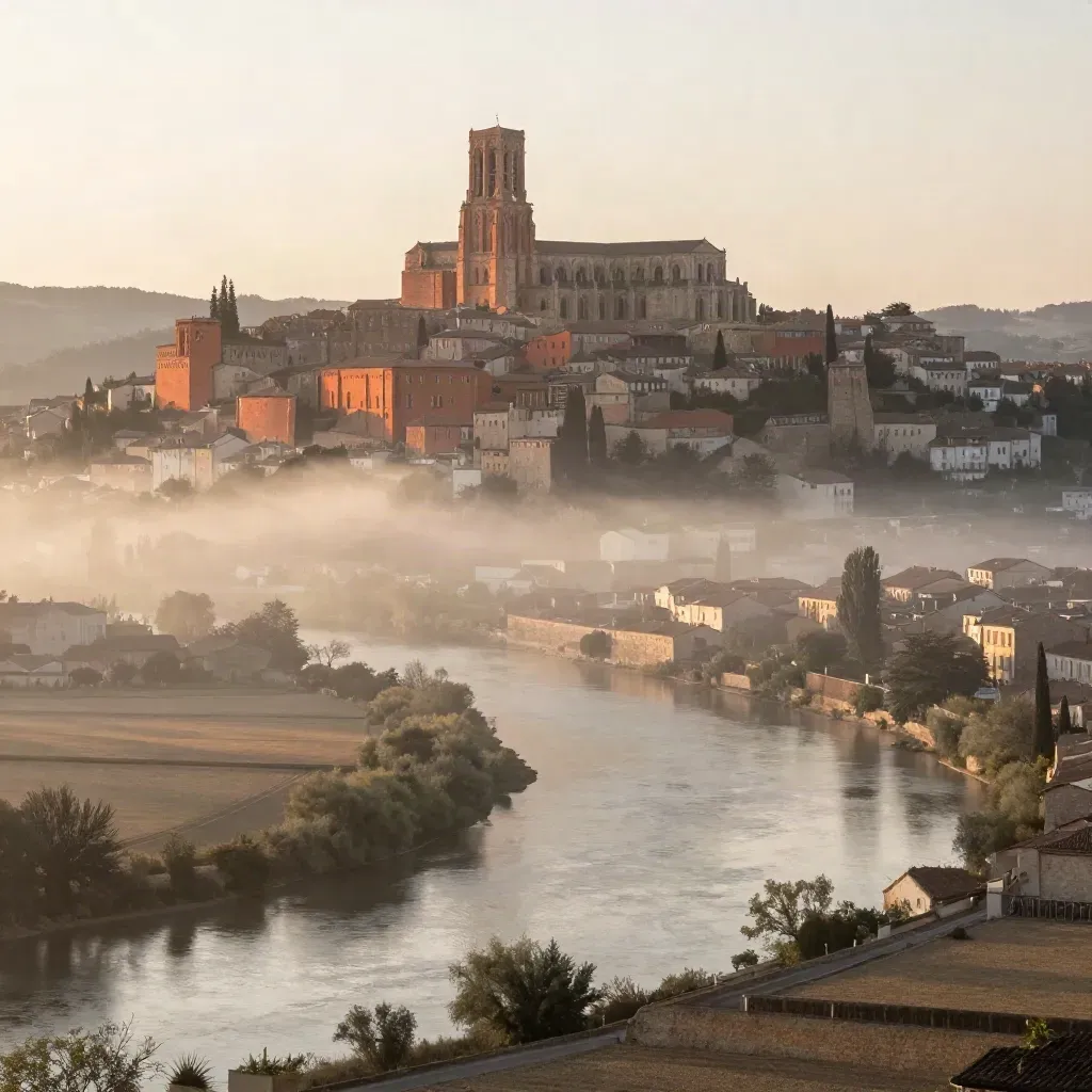 Albi et le Tarn dans la brume matinale, brique rouge haute au-dessus d’une vallée paisible.